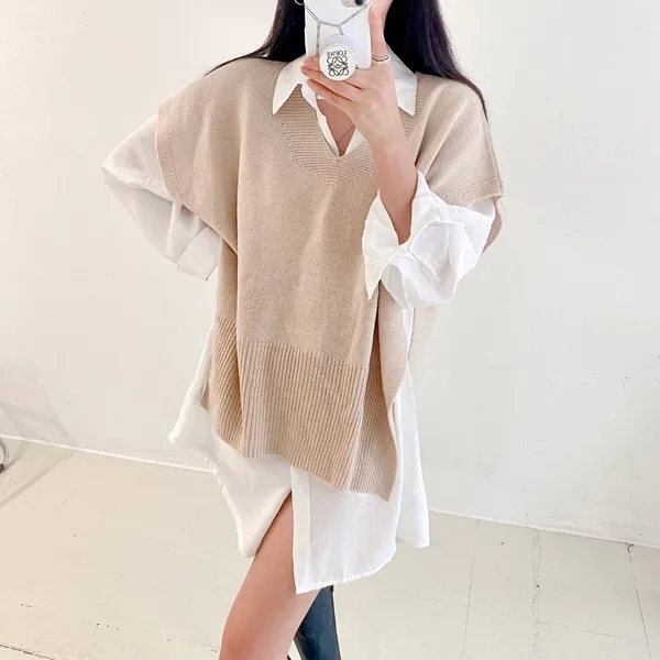 [가격실화!/핏보장!] 루즈핏 브이넥 레이어드 베이직 무지 언발 롱 니트 조끼 미니원피스 [3color] 상세 이미지 44