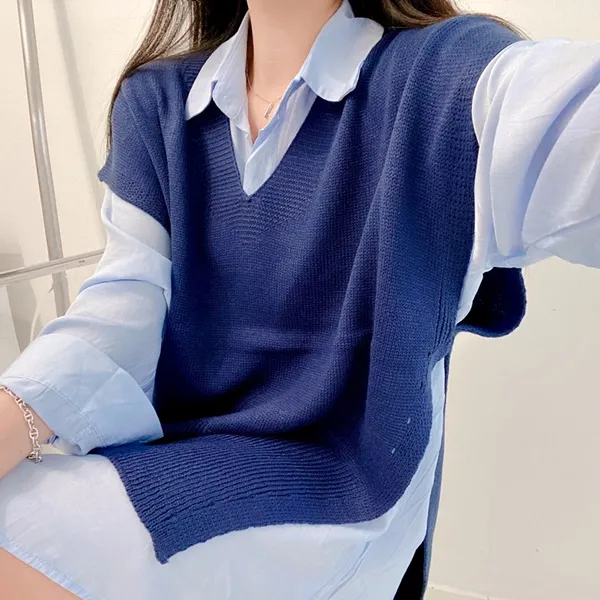 [가격실화!/핏보장!] 루즈핏 브이넥 레이어드 베이직 무지 언발 롱 니트 조끼 미니원피스 [3color] 상세 이미지 26
