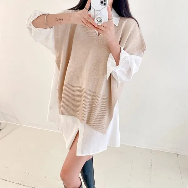[가격실화!/핏보장!] 루즈핏 브이넥 레이어드 베이직 무지 언발 롱 니트 조끼 미니원피스 [3color] 상세 이미지 43