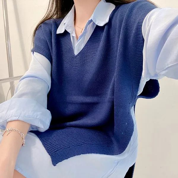 [가격실화!/핏보장!] 루즈핏 브이넥 레이어드 베이직 무지 언발 롱 니트 조끼 미니원피스 [3color] 상세 이미지 28