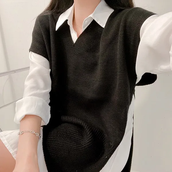 [가격실화!/핏보장!] 루즈핏 브이넥 레이어드 베이직 무지 언발 롱 니트 조끼 미니원피스 [3color] 상세 이미지 70