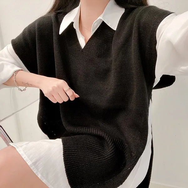 [가격실화!/핏보장!] 루즈핏 브이넥 레이어드 베이직 무지 언발 롱 니트 조끼 미니원피스 [3color] 상세 이미지 71