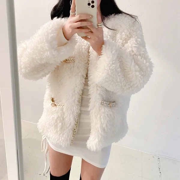 *최저가* [고퀄!/연말파티룩!] 샤 트위드 양털 뽀글이 페이크퍼 퍼자켓 퍼점퍼 트위드자켓 무스탕 [2color]  봄자켓  봄아우터 패딩자켓 숏패딩 양털무스탕 무스탕자켓 하객룩 상세 이미지 8