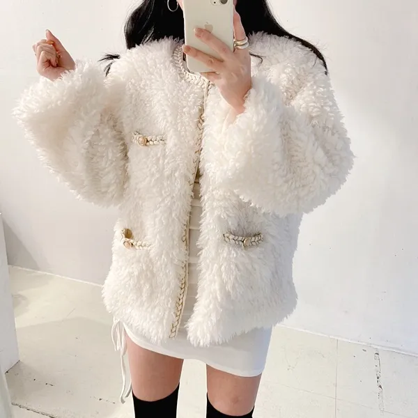 *최저가* [고퀄!/연말파티룩!] 샤 트위드 양털 뽀글이 페이크퍼 퍼자켓 퍼점퍼 트위드자켓 무스탕 [2color]  봄자켓  봄아우터 패딩자켓 숏패딩 양털무스탕 무스탕자켓 하객룩 상세 이미지 14