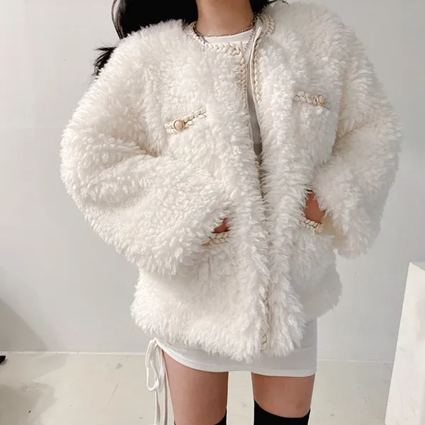 *최저가* [고퀄!/연말파티룩!] 샤 트위드 양털 뽀글이 페이크퍼 퍼자켓 퍼점퍼 트위드자켓 무스탕 [2color]  봄자켓  봄아우터 패딩자켓 숏패딩 양털무스탕 무스탕자켓 하객룩 상세 이미지 15