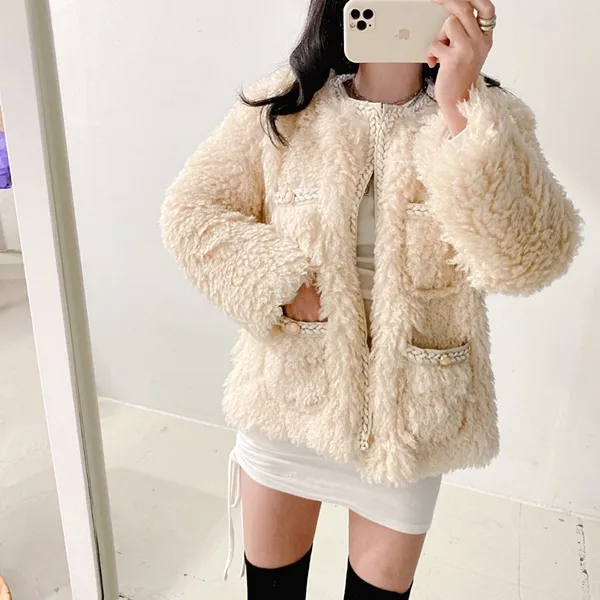 *최저가* [고퀄!/연말파티룩!] 샤 트위드 양털 뽀글이 페이크퍼 퍼자켓 퍼점퍼 트위드자켓 무스탕 [2color]  봄자켓  봄아우터 패딩자켓 숏패딩 양털무스탕 무스탕자켓 하객룩 상세 이미지 21