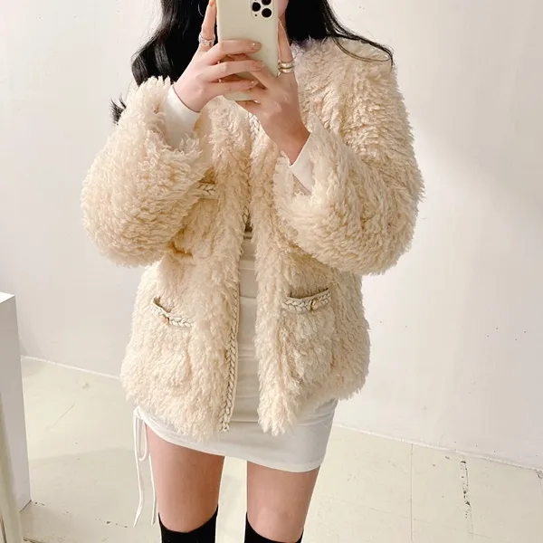 *최저가* [고퀄!/연말파티룩!] 샤 트위드 양털 뽀글이 페이크퍼 퍼자켓 퍼점퍼 트위드자켓 무스탕 [2color]  봄자켓  봄아우터 패딩자켓 숏패딩 양털무스탕 무스탕자켓 하객룩 상세 이미지 22