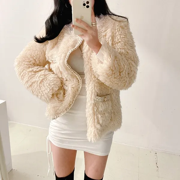 *최저가* [고퀄!/연말파티룩!] 샤 트위드 양털 뽀글이 페이크퍼 퍼자켓 퍼점퍼 트위드자켓 무스탕 [2color]  봄자켓  봄아우터 패딩자켓 숏패딩 양털무스탕 무스탕자켓 하객룩 상세 이미지 23