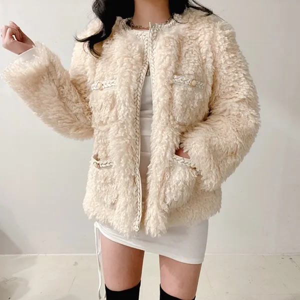 *최저가* [고퀄!/연말파티룩!] 샤 트위드 양털 뽀글이 페이크퍼 퍼자켓 퍼점퍼 트위드자켓 무스탕 [2color]  봄자켓  봄아우터 패딩자켓 숏패딩 양털무스탕 무스탕자켓 하객룩 상세 이미지 29