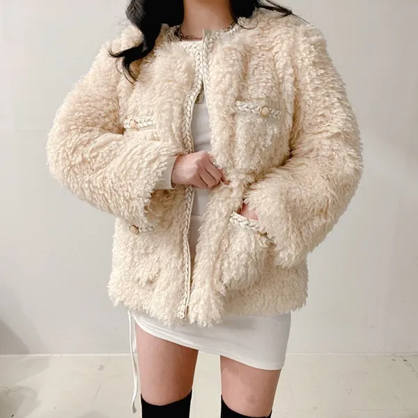 *최저가* [고퀄!/연말파티룩!] 샤 트위드 양털 뽀글이 페이크퍼 퍼자켓 퍼점퍼 트위드자켓 무스탕 [2color]  봄자켓  봄아우터 패딩자켓 숏패딩 양털무스탕 무스탕자켓 하객룩 상세 이미지 28