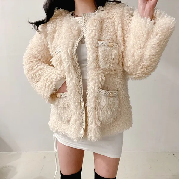 *최저가* [고퀄!/연말파티룩!] 샤 트위드 양털 뽀글이 페이크퍼 퍼자켓 퍼점퍼 트위드자켓 무스탕 [2color]  봄자켓  봄아우터 패딩자켓 숏패딩 양털무스탕 무스탕자켓 하객룩 상세 이미지 27