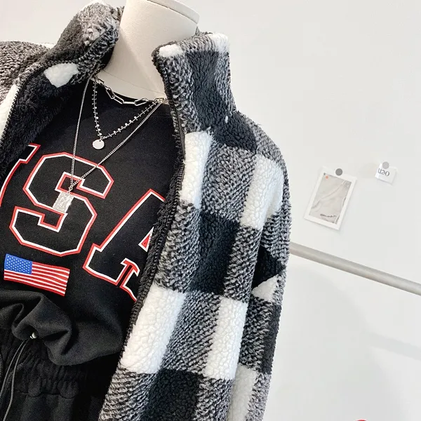 *최저가* [밍크안감!/왕따숩!] 체크자켓 체크패딩 배색자켓 배색패딩 양털자켓 양털패딩 양털점퍼 퍼자켓 퍼패딩 뽀글이 하이넥 집업자켓 크롭패딩 숏패딩  봄자켓  봄아우터  봄패딩 상세 이미지 9