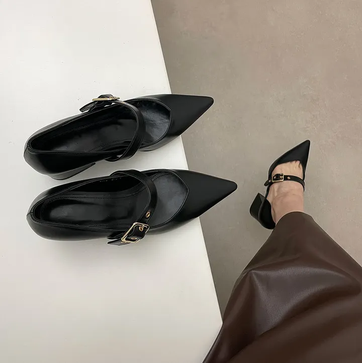 스틸레토 버클 벨트 통굽 미들힐 5.5cm  2type 사이드오픈/클로즈 상세 이미지 2