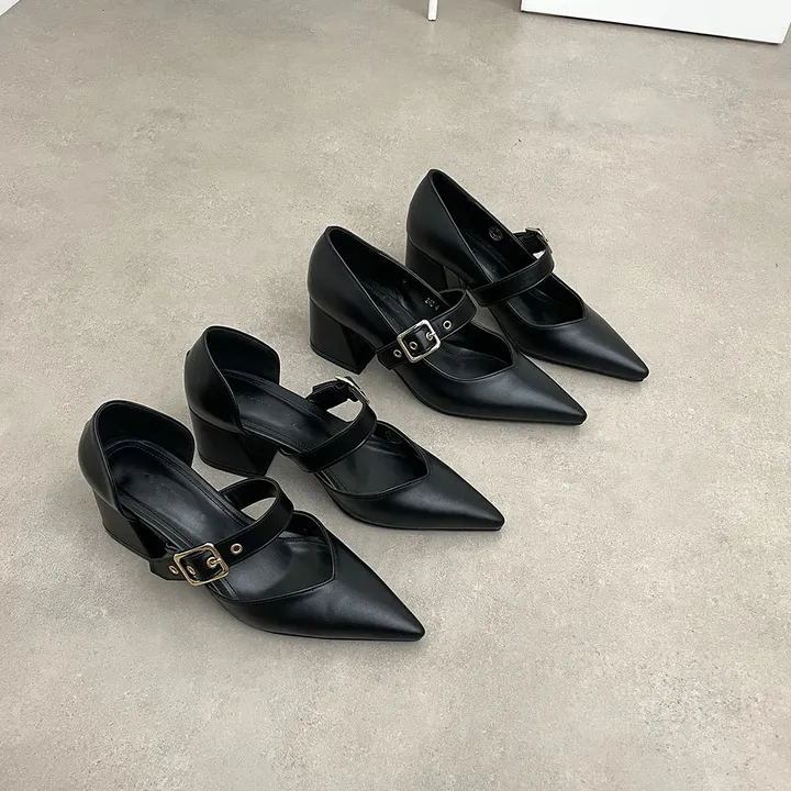 스틸레토 버클 벨트 통굽 미들힐 5.5cm  2type 사이드오픈/클로즈 상세 이미지 3