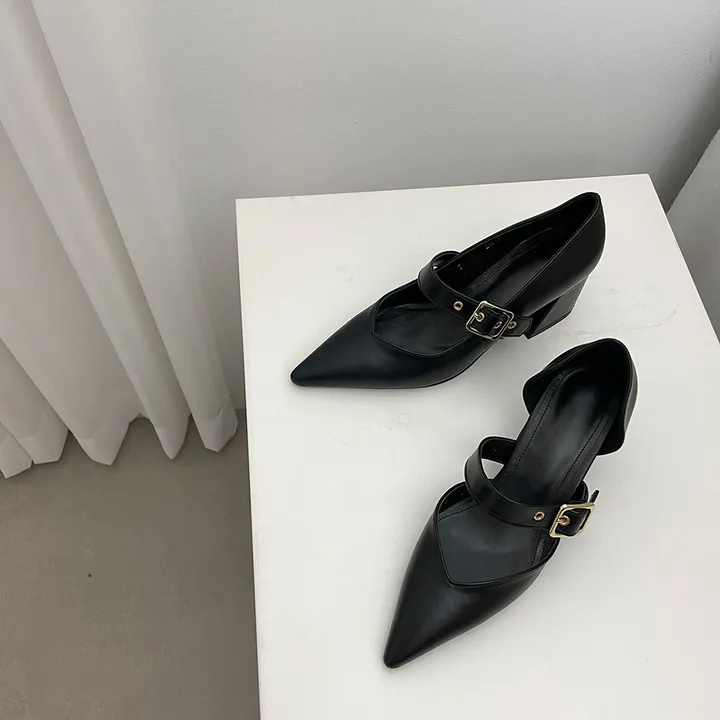 스틸레토 버클 벨트 통굽 미들힐 5.5cm  2type 사이드오픈/클로즈 상세 이미지 5