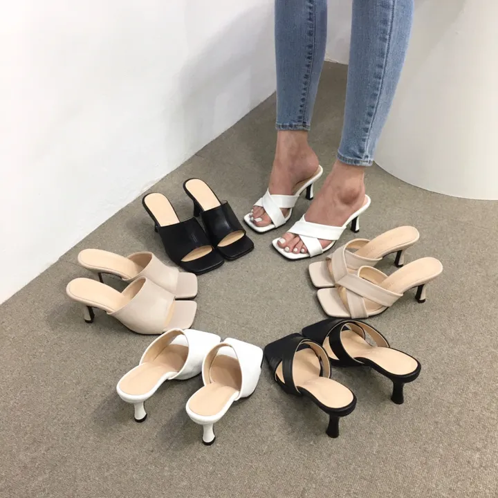 [국내제작/빠른배송] 기본/크로스 스트랩 쿠션 미들 뮬 슬리퍼 힐 7cm 상세 이미지 1