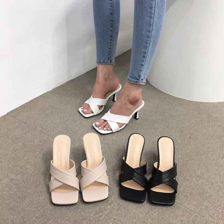 [국내제작/빠른배송] 기본/크로스 스트랩 쿠션 미들 뮬 슬리퍼 힐 7cm 상세 이미지 30