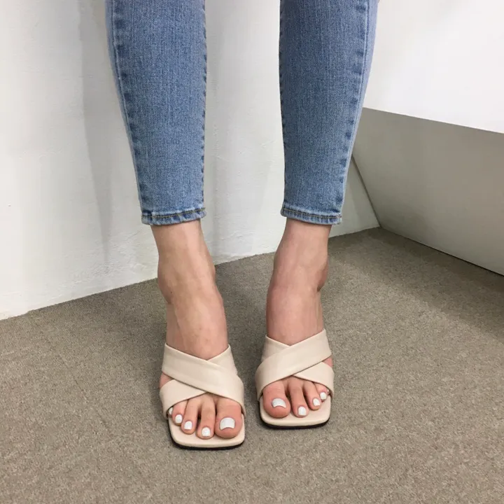 [국내제작/빠른배송] 기본/크로스 스트랩 쿠션 미들 뮬 슬리퍼 힐 7cm 상세 이미지 43