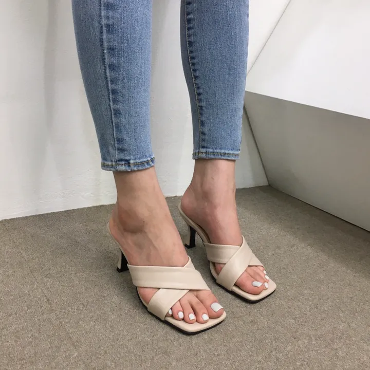 [국내제작/빠른배송] 기본/크로스 스트랩 쿠션 미들 뮬 슬리퍼 힐 7cm 상세 이미지 44