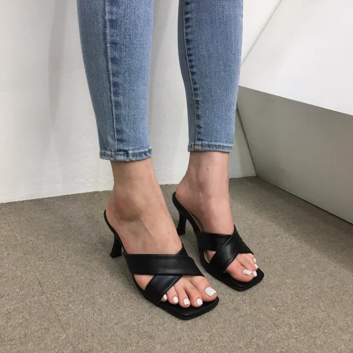 [국내제작/빠른배송] 기본/크로스 스트랩 쿠션 미들 뮬 슬리퍼 힐 7cm 상세 이미지 51