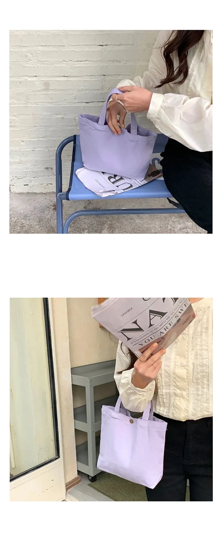 [신상] 미니 버튼 손가방 에코백 간식가방  여름 블랙 화이트 아이보리 피치 퍼플 선물 이벤트선물 생일선물 상세 이미지 4
