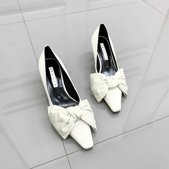 새틴 가죽 슬림 스퀘어 리본 미들힐 펌프스 키튼힐 5cm 상세 이미지 4