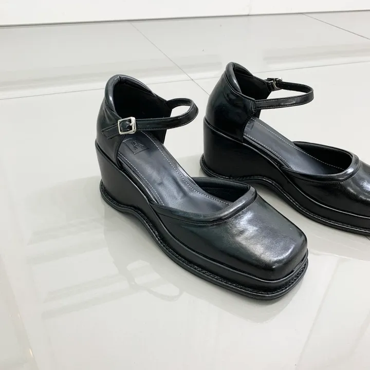 레트로 스퀘어 가보시 웨지 통굽 메리제인 스트랩 펌프스힐 9cm 상세 이미지 16