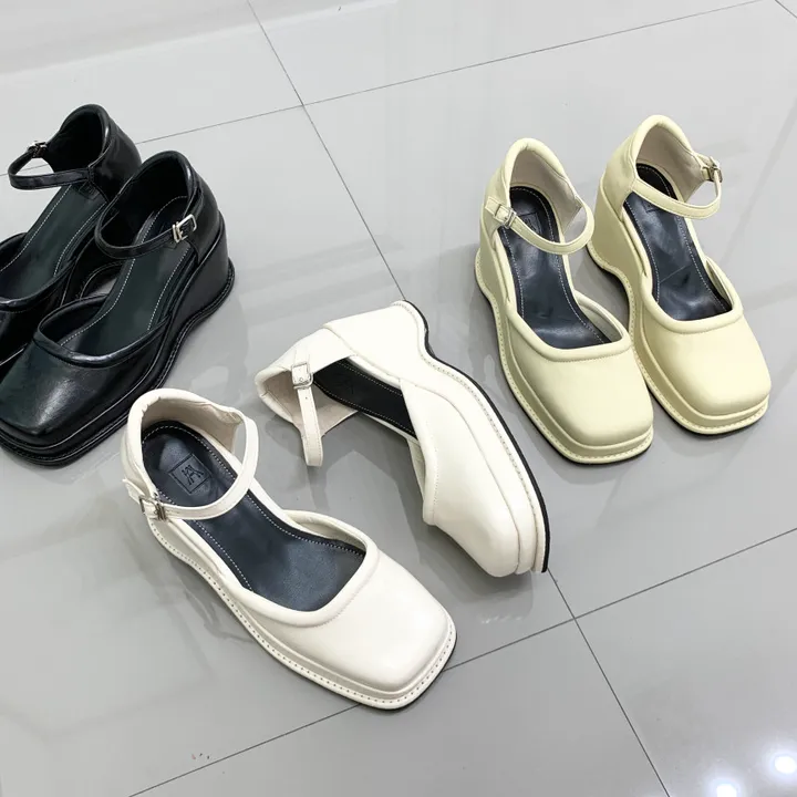 레트로 스퀘어 가보시 웨지 통굽 메리제인 스트랩 펌프스힐 9cm 상세 이미지 3