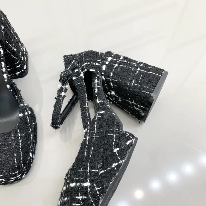 스퀘어 트위드 가보시 통굽 메리제인 스트랩 펌프스힐 9cm 상세 이미지 7
