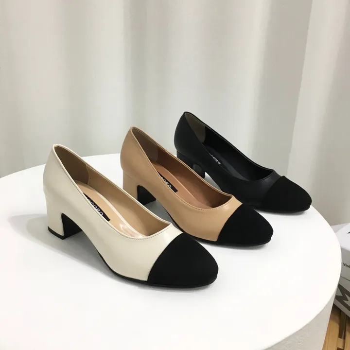 [당일배송/국산수제] 모던 배색 통굽 미들 펌프스 5cm 상세 이미지 2