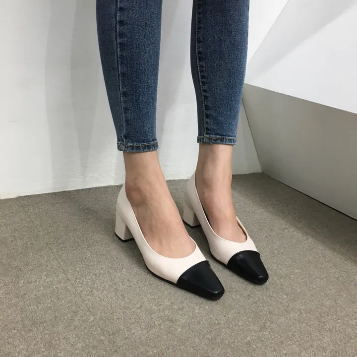 [국내제작/빠른배송] 스퀘어 배색 쿠션 통굽 펌프스 5cm 상세 이미지 13