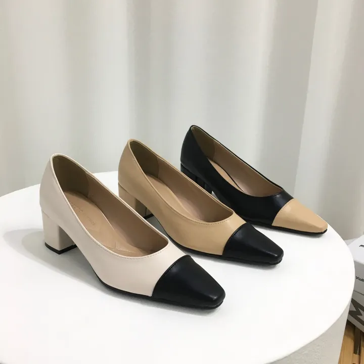 [국내제작/빠른배송] 스퀘어 배색 쿠션 통굽 펌프스 5cm 상세 이미지 2