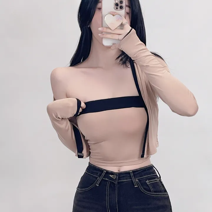 [1+1할인][탑+가디건SET/3col] 배색 튜브탑 탑 TOP 크롭 CROP 슬림 스판 긴팔 여리 가디건 세트 데일리 베이직 캐주얼 페미닌 청순 여성스러운 (3colors) 상세 이미지 11