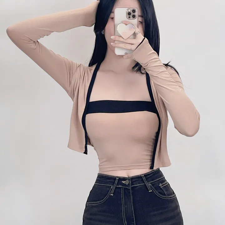 [1+1할인][탑+가디건SET/3col] 배색 튜브탑 탑 TOP 크롭 CROP 슬림 스판 긴팔 여리 가디건 세트 데일리 베이직 캐주얼 페미닌 청순 여성스러운 (3colors) 상세 이미지 6