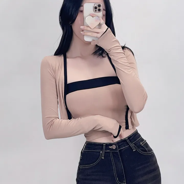 [1+1할인][탑+가디건SET/3col] 배색 튜브탑 탑 TOP 크롭 CROP 슬림 스판 긴팔 여리 가디건 세트 데일리 베이직 캐주얼 페미닌 청순 여성스러운 (3colors) 상세 이미지 9