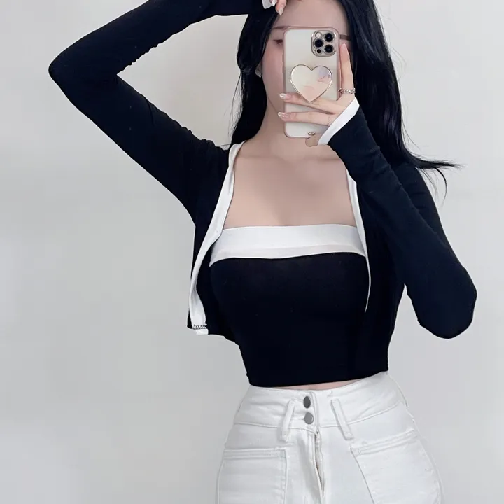 [1+1할인][탑+가디건SET/3col] 배색 튜브탑 탑 TOP 크롭 CROP 슬림 스판 긴팔 여리 가디건 세트 데일리 베이직 캐주얼 페미닌 청순 여성스러운 (3colors) 상세 이미지 17