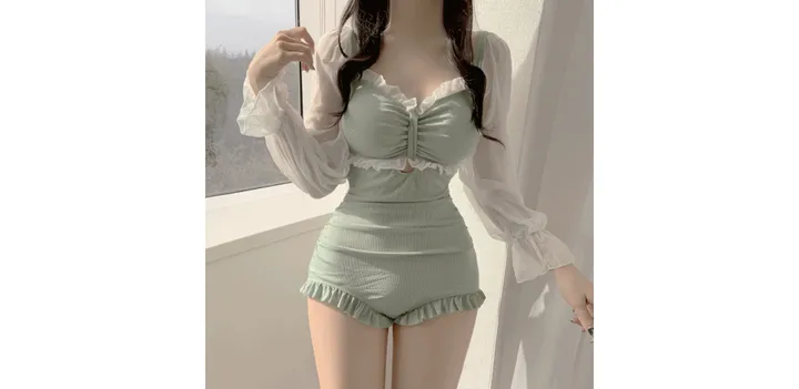 (당일출고) 2컬러 민트스카이 셔링 청순 모노키니 비키니 긴팔 래쉬 시스루 청순 상세 이미지 4