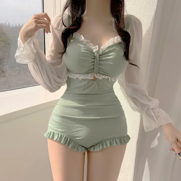 (당일출고) 2컬러 민트스카이 셔링 청순 모노키니 비키니 긴팔 래쉬 시스루 청순 상세 이미지 3