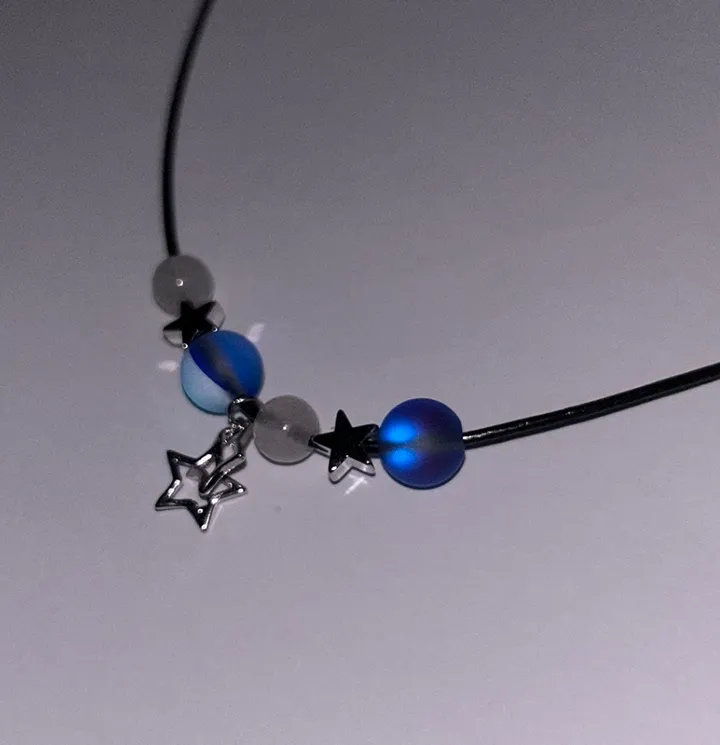 y2k blue sapphire star necklace 깊은 블루 사파이어 원석 별 천연가죽 목걸이 <3 상세 이미지 6
