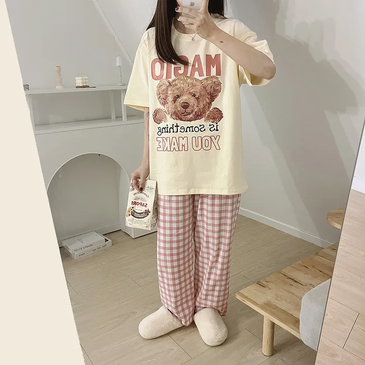 💖[당일출고/남녀공용]💖 곰돌이 베어 빅사이즈 박시핏 오버핏 루즈핏 여름 반팔티 반팔 잠옷 세트 체크바지 파자마 상하 선물 커플룩 커플티 커플반팔티 반티 여름반팔티 체크바지 상세 이미지 4
