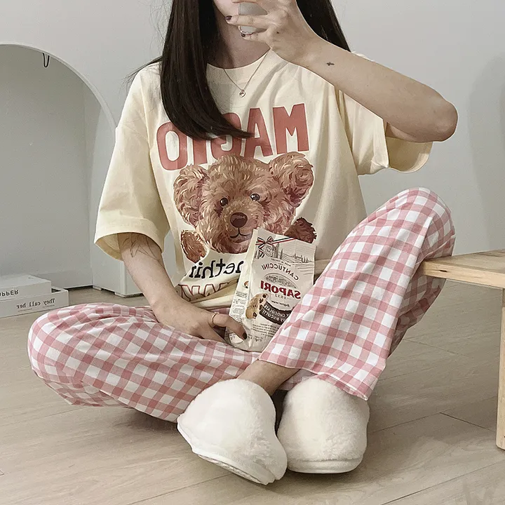 💖[당일출고/남녀공용]💖 곰돌이 베어 빅사이즈 박시핏 오버핏 루즈핏 여름 반팔티 반팔 잠옷 세트 체크바지 파자마 상하 선물 커플룩 커플티 커플반팔티 반티 여름반팔티 체크바지 상세 이미지 8