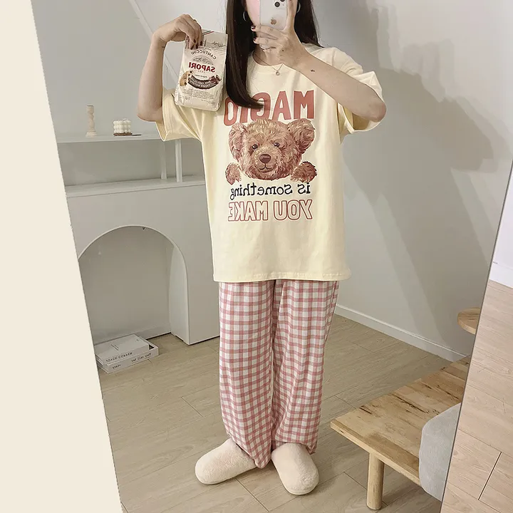 💖[당일출고/남녀공용]💖 곰돌이 베어 빅사이즈 박시핏 오버핏 루즈핏 여름 반팔티 반팔 잠옷 세트 체크바지 파자마 상하 선물 커플룩 커플티 커플반팔티 반티 여름반팔티 체크바지 상세 이미지 5