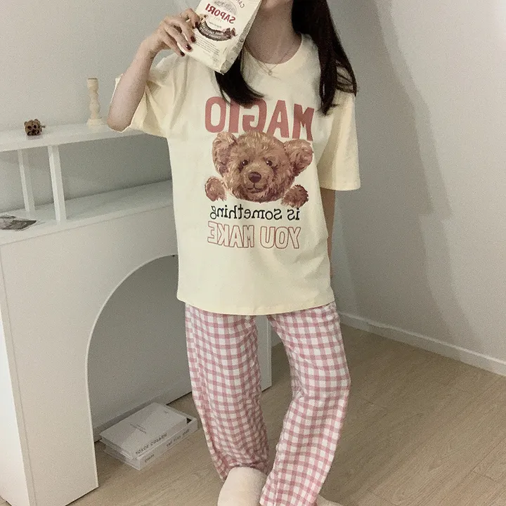 💖[당일출고/남녀공용]💖 곰돌이 베어 빅사이즈 박시핏 오버핏 루즈핏 여름 반팔티 반팔 잠옷 세트 체크바지 파자마 상하 선물 커플룩 커플티 커플반팔티 반티 여름반팔티 체크바지 상세 이미지 11