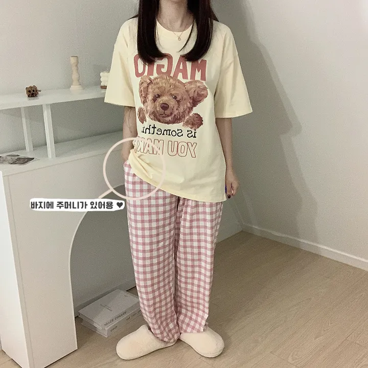💖[당일출고/남녀공용]💖 곰돌이 베어 빅사이즈 박시핏 오버핏 루즈핏 여름 반팔티 반팔 잠옷 세트 체크바지 파자마 상하 선물 커플룩 커플티 커플반팔티 반티 여름반팔티 체크바지 상세 이미지 12