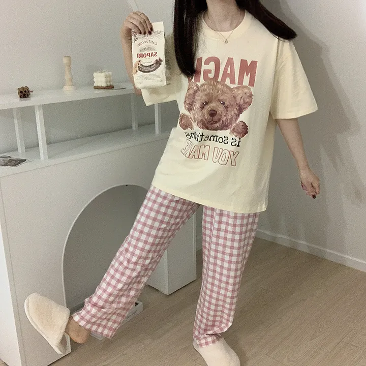 💖[당일출고/남녀공용]💖 곰돌이 베어 빅사이즈 박시핏 오버핏 루즈핏 여름 반팔티 반팔 잠옷 세트 체크바지 파자마 상하 선물 커플룩 커플티 커플반팔티 반티 여름반팔티 체크바지 상세 이미지 9