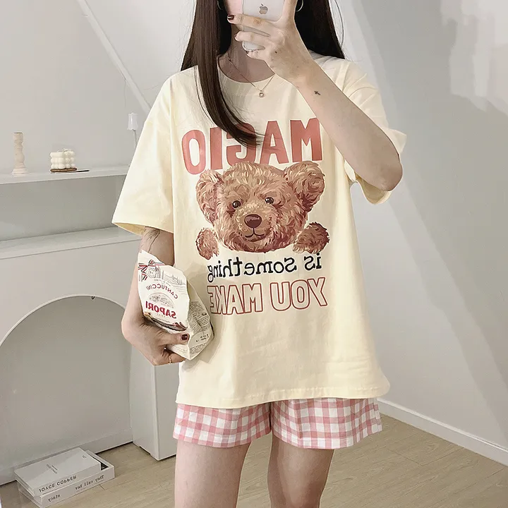 💖[당일출고/남녀공용]💖 곰돌이 베어 빅사이즈 박시핏 오버핏 루즈핏 여름 반팔티 반팔 잠옷 세트 체크바지 파자마 상하 선물 커플룩 커플티 커플반팔티 반티 여름반팔티 체크바지 상세 이미지 14