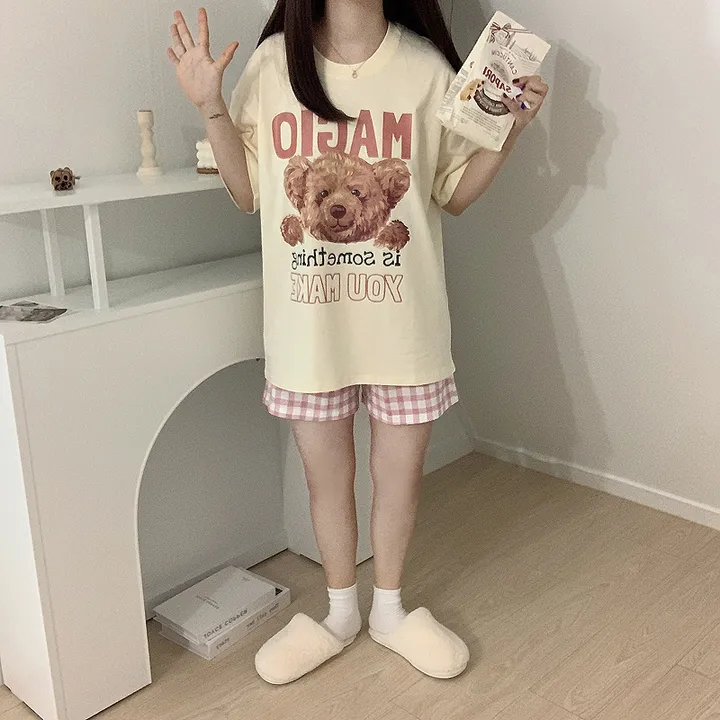 💖[당일출고/남녀공용]💖 곰돌이 베어 빅사이즈 박시핏 오버핏 루즈핏 여름 반팔티 반팔 잠옷 세트 체크바지 파자마 상하 선물 커플룩 커플티 커플반팔티 반티 여름반팔티 체크바지 상세 이미지 15