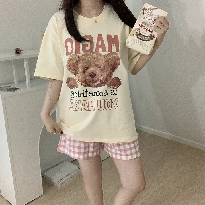 💖[당일출고/남녀공용]💖 곰돌이 베어 빅사이즈 박시핏 오버핏 루즈핏 여름 반팔티 반팔 잠옷 세트 체크바지 파자마 상하 선물 커플룩 커플티 커플반팔티 반티 여름반팔티 체크바지 상세 이미지 16