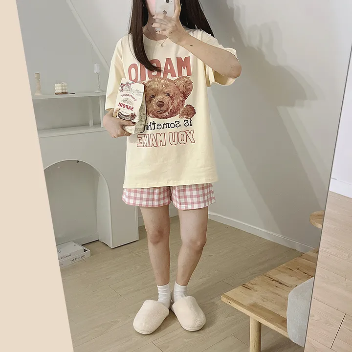 💖[당일출고/남녀공용]💖 곰돌이 베어 빅사이즈 박시핏 오버핏 루즈핏 여름 반팔티 반팔 잠옷 세트 체크바지 파자마 상하 선물 커플룩 커플티 커플반팔티 반티 여름반팔티 체크바지 상세 이미지 13