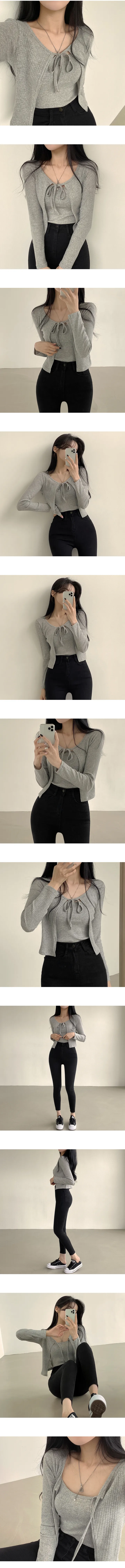 [러블리/여성스러움] 말라보이는, 골지 리본 크롭 긴팔가디건 + 나시 투피스 세트 (3color) 상세 이미지 2
